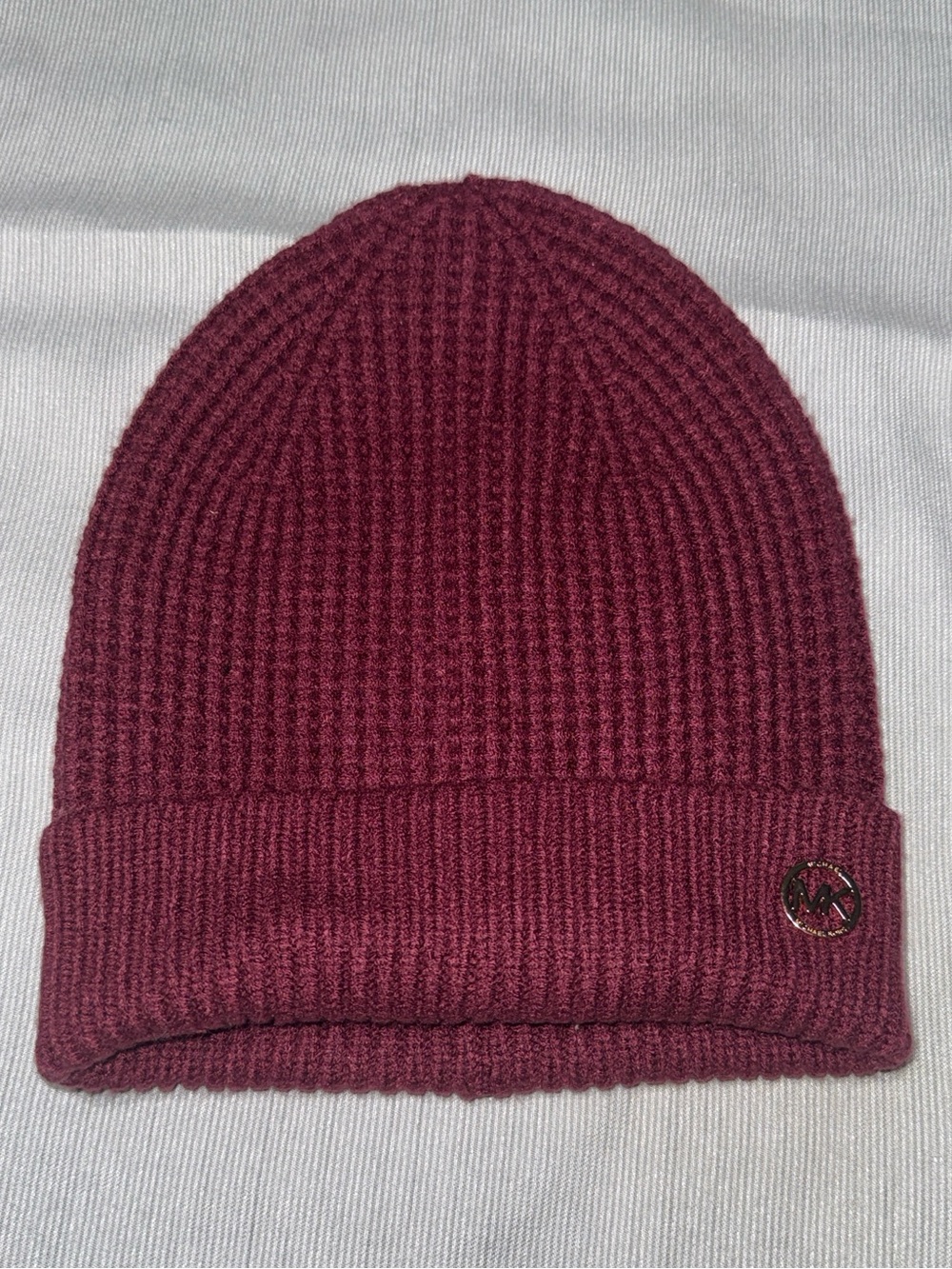 Michael Kors Burgundy Ribbed Knit Cuff Beanie Gold MK Logo One Size